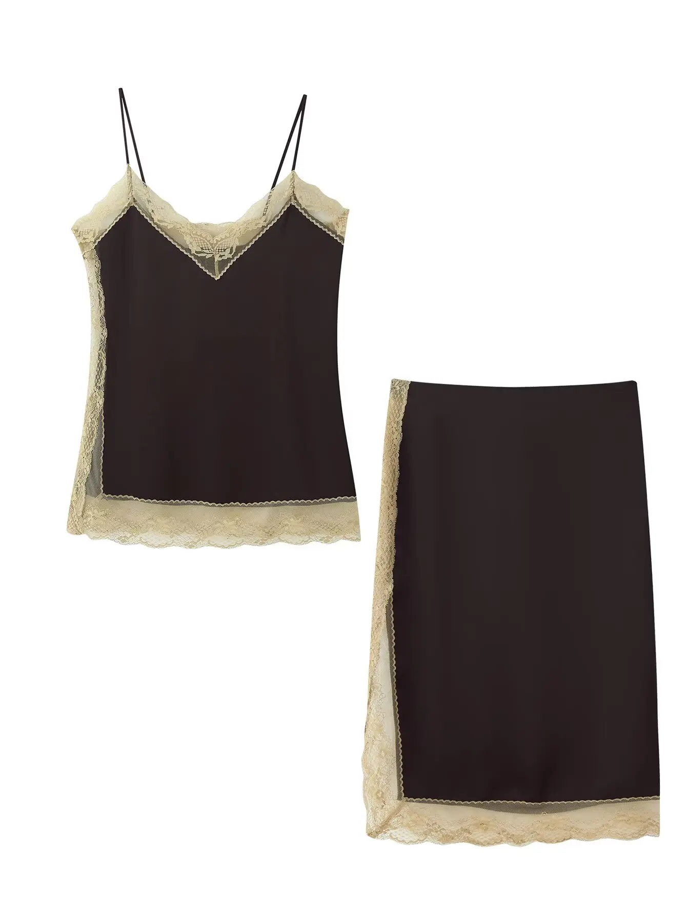 

Женский кофейный атласный топ на бретельках с кружевной отделкой, одинаковые комплекты, юбка-миди, наряд из двух предметов