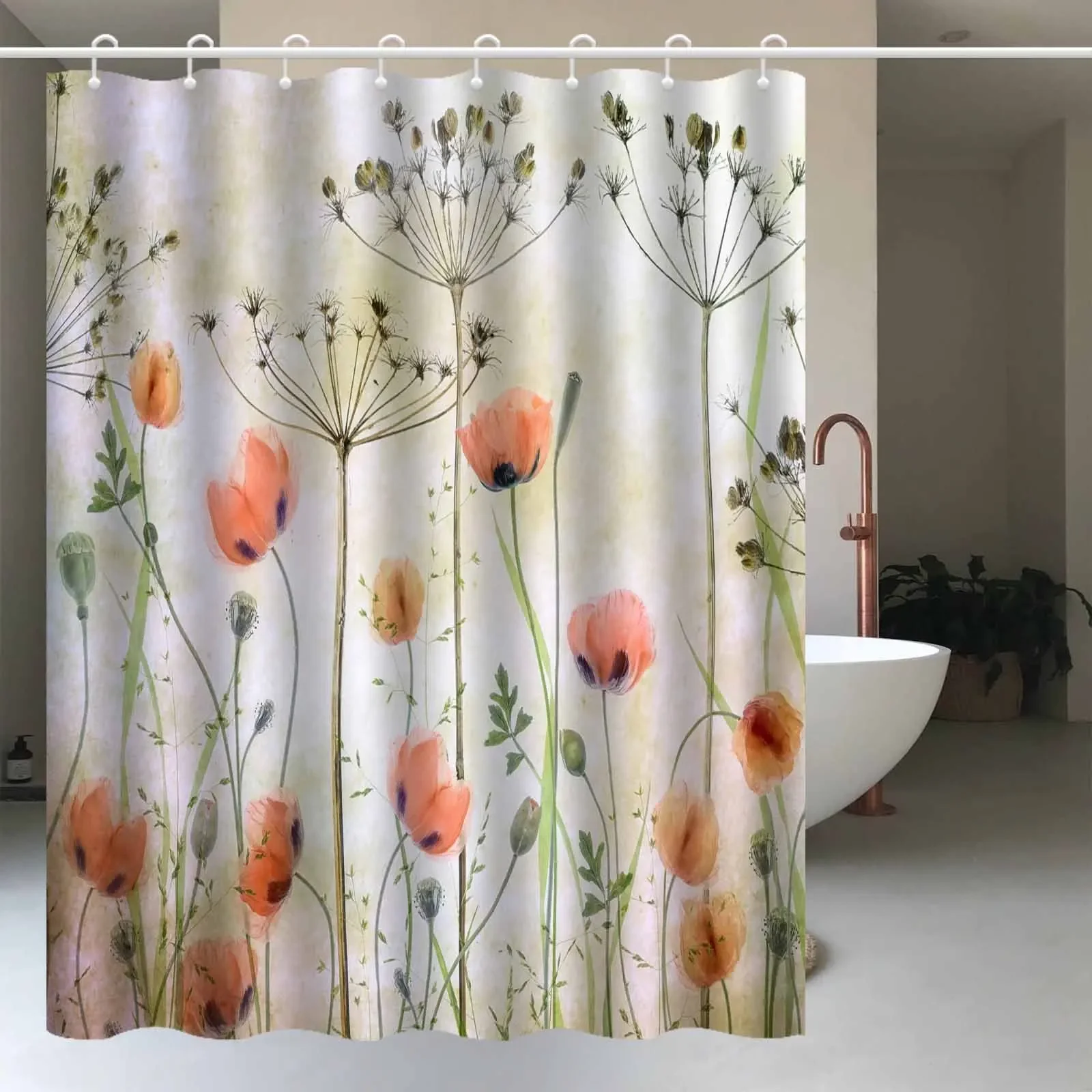 Watercolor Floral Shower Curtain Bathroom Decor Botanical Spring Bloom Shower Curtain Waterproof Curtain