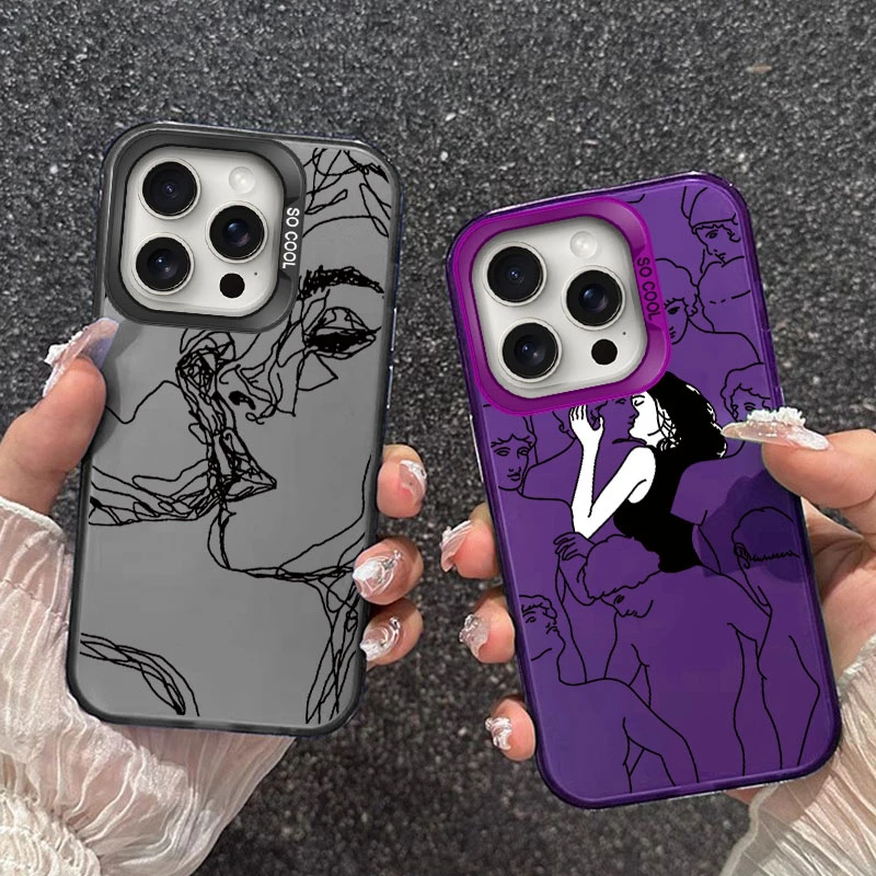 Hot Cute Art Line Painting Case For IPhone 13 14 15 16 Pro Max Plus 13 Mini Shockproof Silicone Fashion TPU Popular Luxury Cover