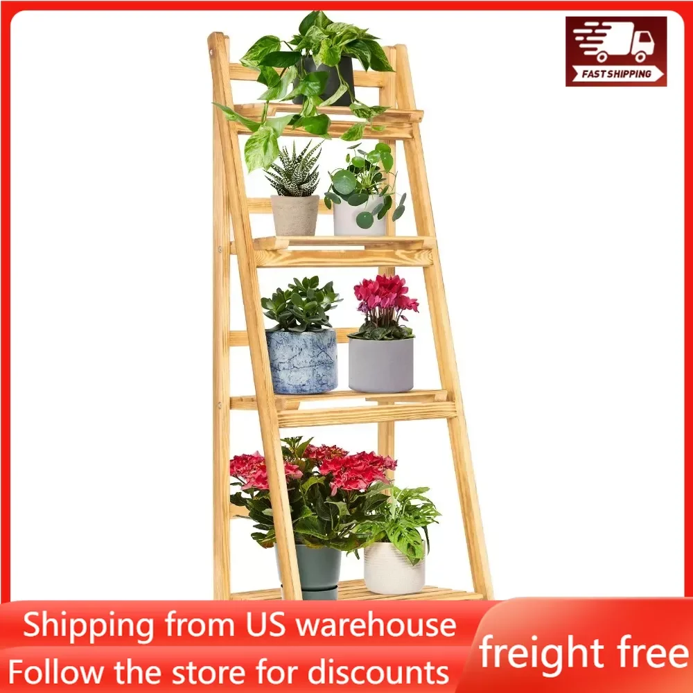 

Solid Pine Wood Stand Vintage Rustic Plant Shelves Beautify Bedroom, Entryway, Balcony Convenient Foldable Ladder, Easy To Clean