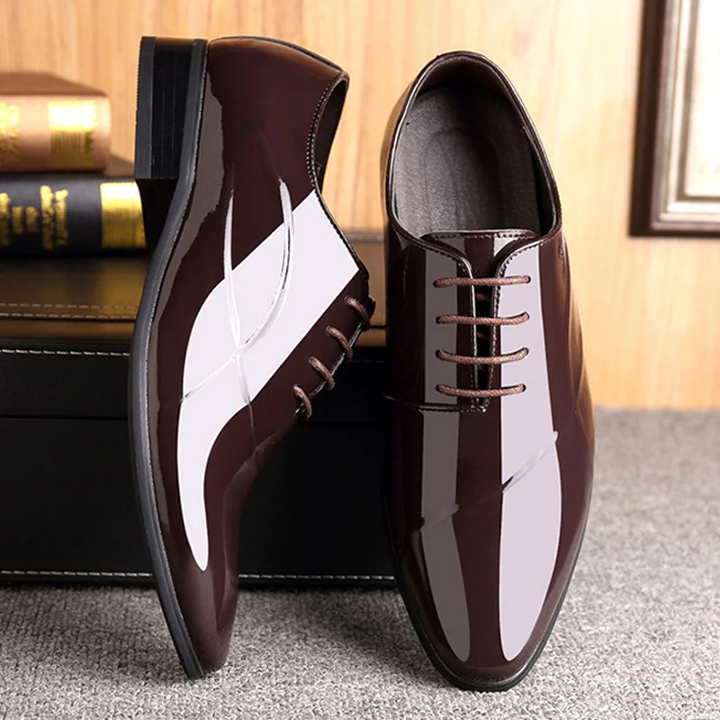 Men Premium Patent Leather Shoes brown Wedding Shoes Size 38-48 Black Leather Low Top Soft Men Dress Shoes Solid Color 2023 New