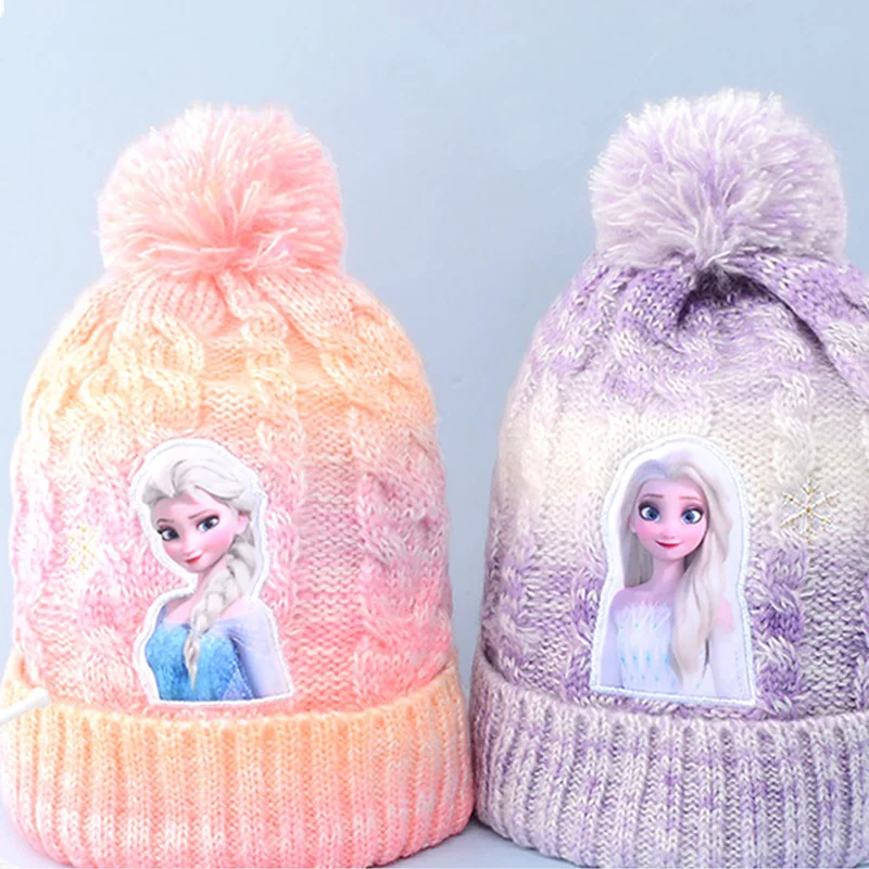 Disney Cartoon Frozen Elsa Princess Girl's Hat Winter Children Plush Thick Warm Knitted Hat Yarn Ponytail