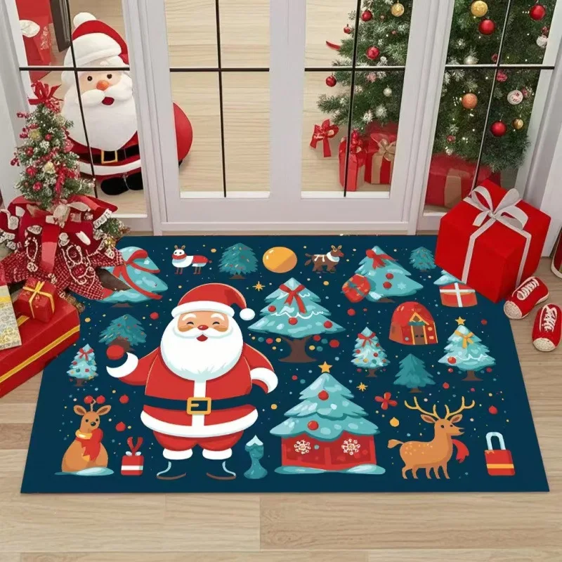 VIKAMA Navy Flat Santa Blue Green Tree Snow House Door Mat Durable Non Slip Entryway Porch Playroom Patio Holiday Home Decor