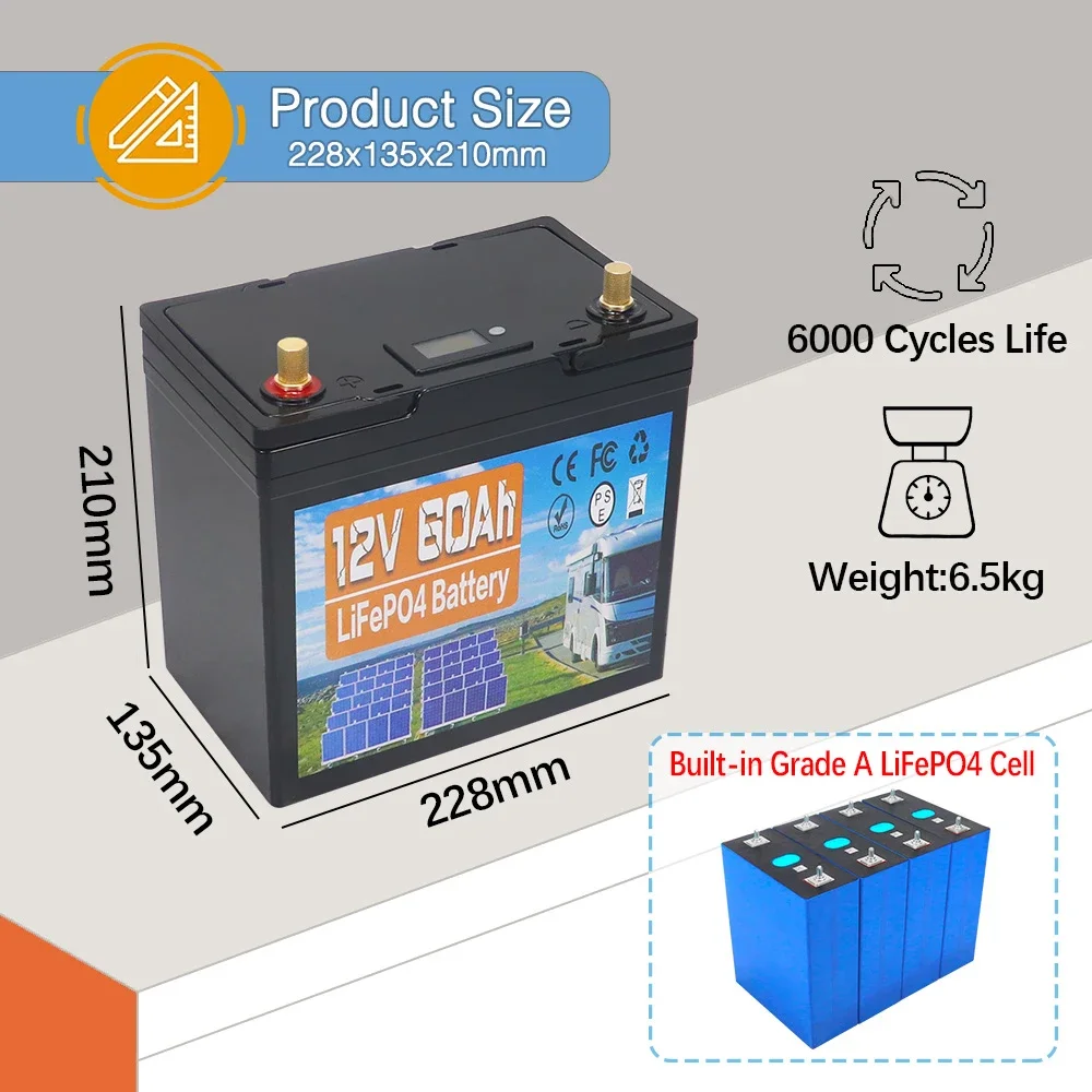 Imagem -04 - Célula de Fosfato de Ferro de Lítio Embutida Bms Bateria Solar com Carregador Campistas rv Carrinho de Golfe 12v 50ah 100ah 6000 Ciclos