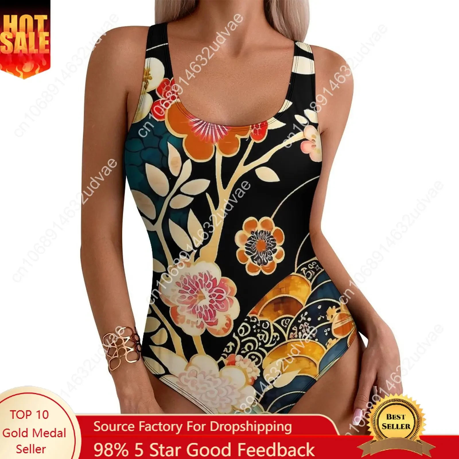 

Japanese Art Swimsuit Sexy Floral Gold Wagara One Piece Swimwear Push Up Bodysuit Stylish Holiday Pool Beach Wear