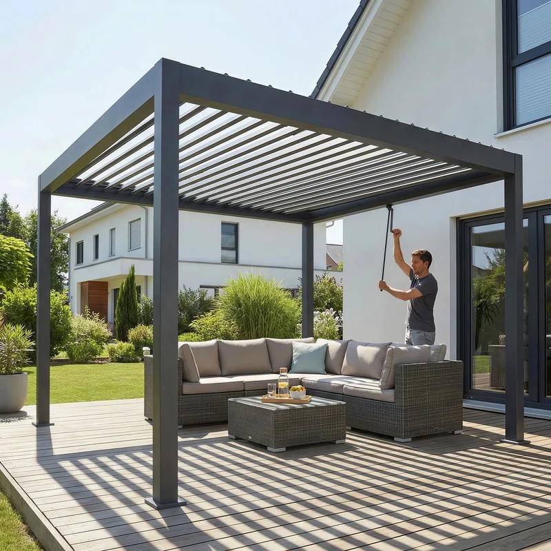 Eco Friendly Heavy-Duty Powder Coated Aluminum Pergola Manual Hand Crank System Windproof Balcony Backyard Garden Landscape