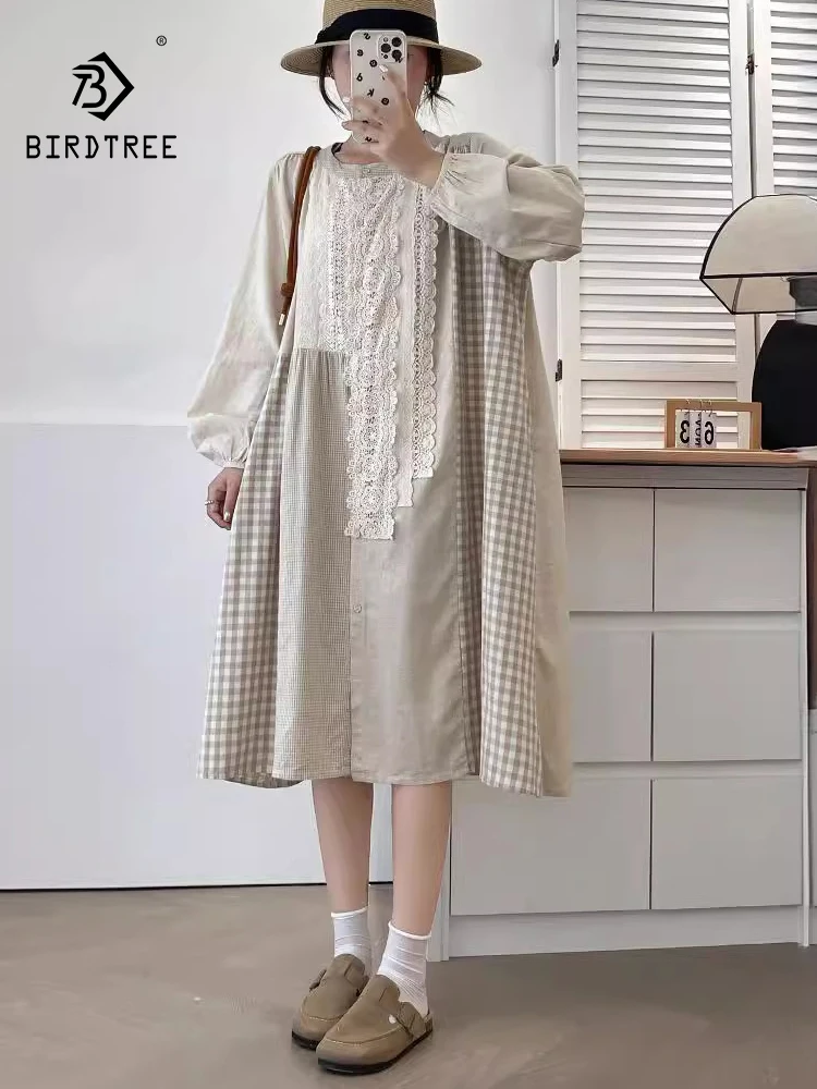 New 2026 Summer Women Cotton Long Sleeve Dresses, O Neck Plaid Lace Patchwork, Mori Girl Princess Style Loose Dress D66259CC