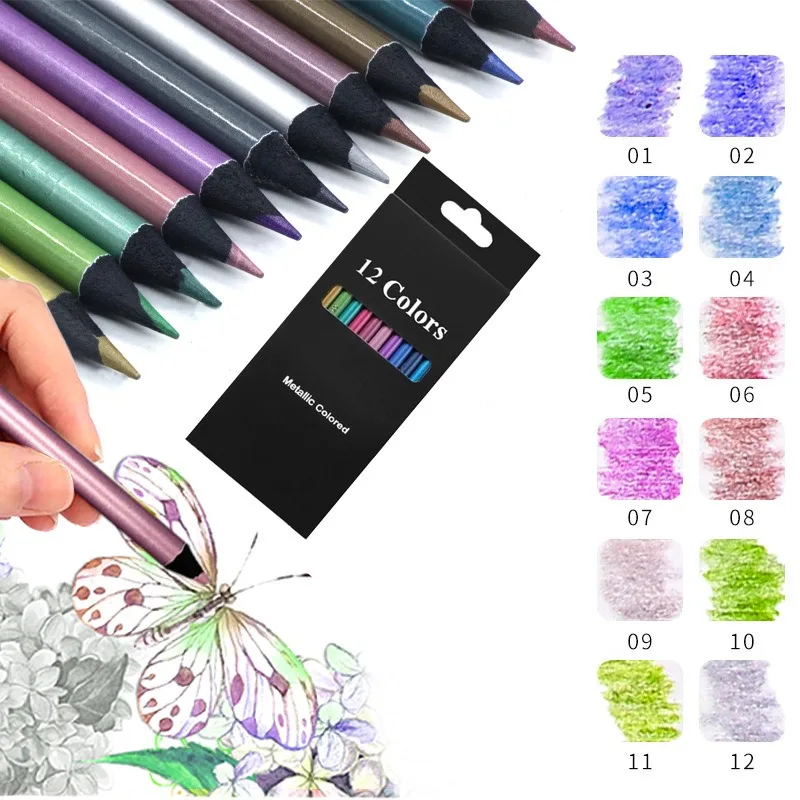 

12 Colors Metallic Colored Pencils Wood Colored Drawing Pencil Set Sketching Painting Colored Pencils Art Supplies for Artist