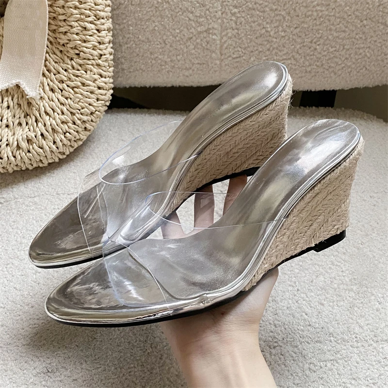 Eilyken Fashion Summer Design Vine Weave Wedges Heels Slippers Women PVC Transparent Round Open Toe Ladies Shoes