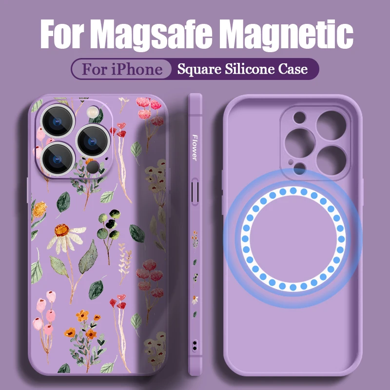 Colourful Flower Pattern Liquid Silicone Case For iPhone 15 14 13 12 Pro Max 11 Magnetic For Magsafe Wireless Charge Phone Cover