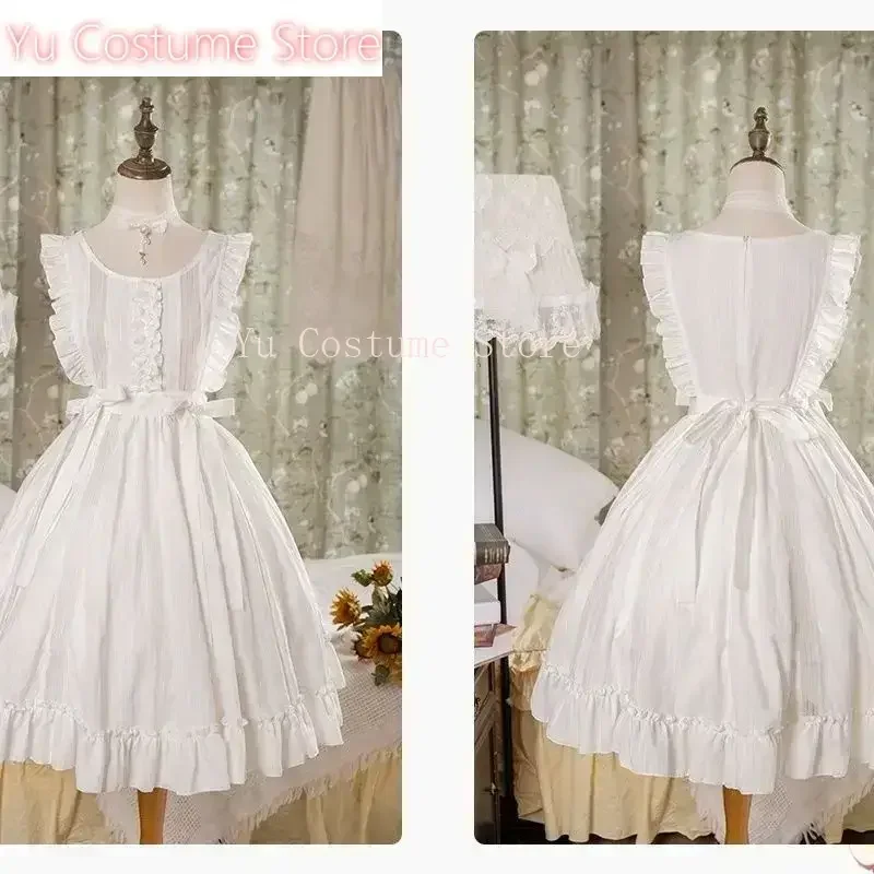 

2025 Classical Lolita Mori Girls Apron Sweet Fresh White Bow Peplum Ruffles Sleeveless Cover Up Dresses