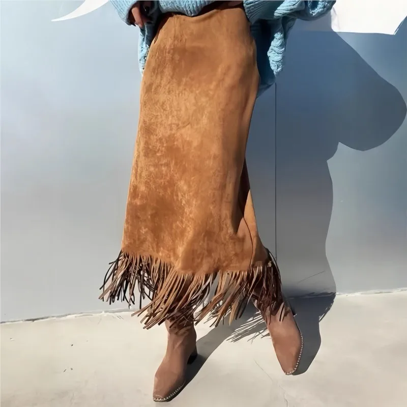2025 Autumn And Winter Elegant All-match Women's Retro Suede Skirt Fashionable Solid Color Hem Tassel Decorated H-shaped Skirt