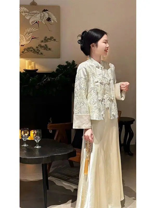 Elegant Women New Chinese Style Tang Clothes Jacquard Coat Dress Improved Tang Clothing Autumn Spring Costume