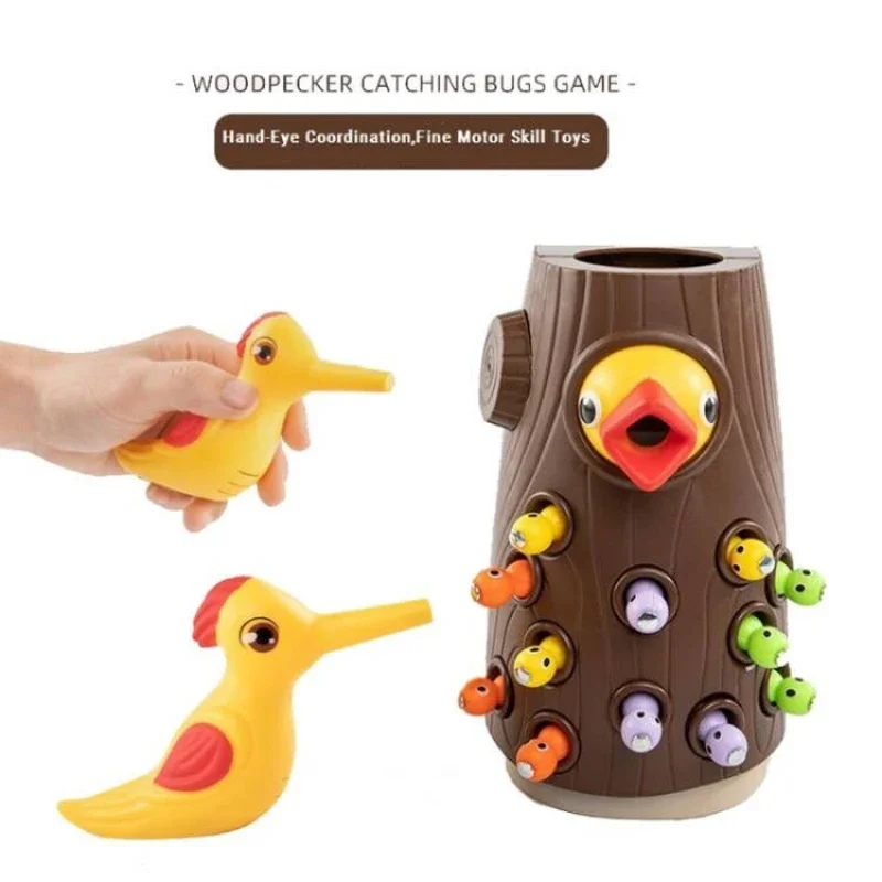 Montessori Baby Wooden Toys Magnetic Woodpecker Catching Worms Feeding Fishing Game Set Educational Toys for Kids Birthday Gift