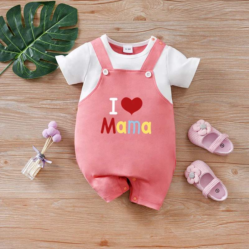 

Newborn boys, girls and babies summer vacation 2 pieces braces pink I Love Mom short-sleeved round-neck jumpsuit