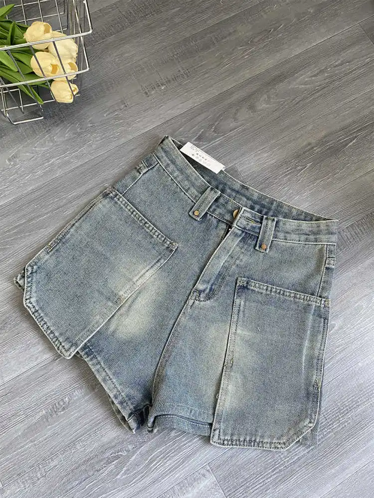 

Vintage High Waist Women's Denim Shorts All Match Solid Color A-line Jeans Pocket design Straightleg Slimfit Commuting Pants