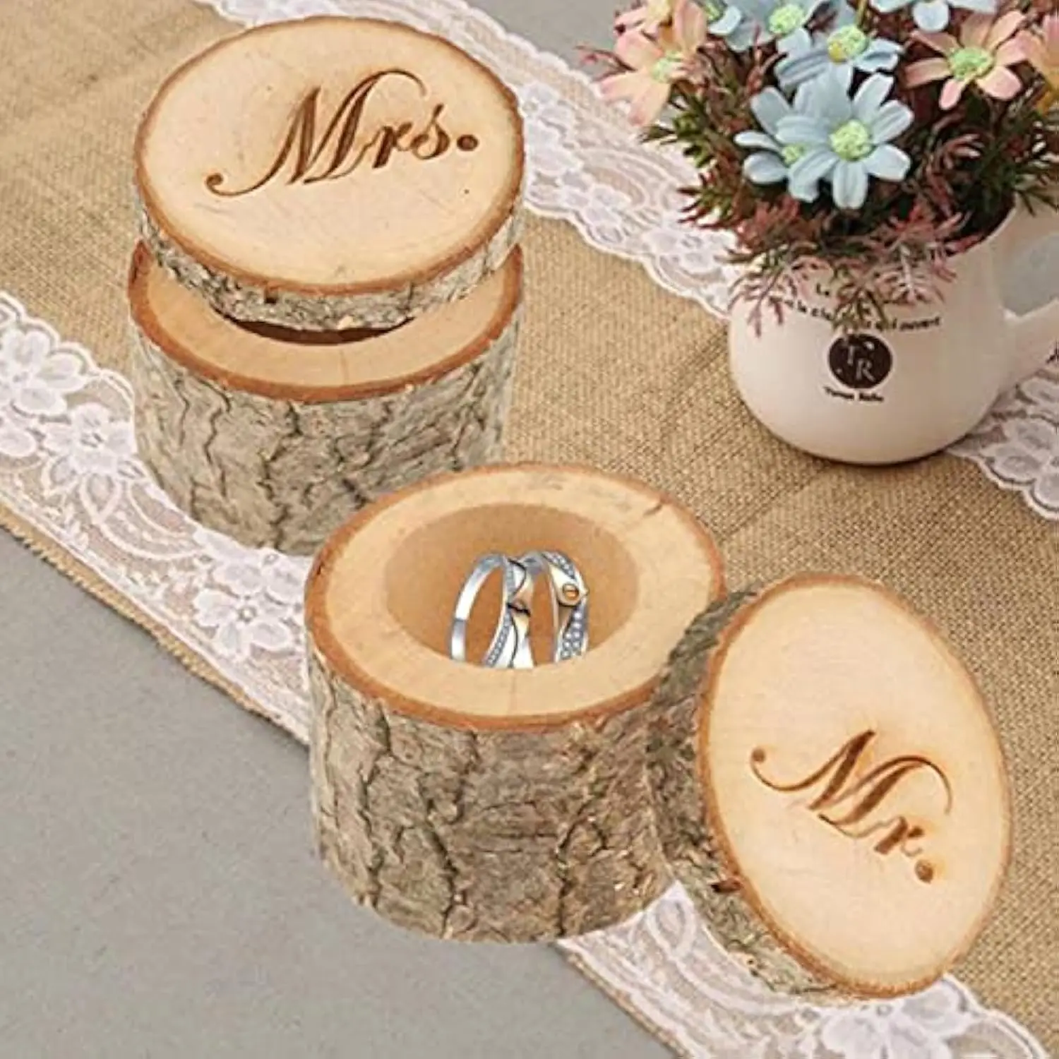 

2pcs Wooden Ring Box for Wedding Engagement Proposal Creative Gifts Mrs Mr his her