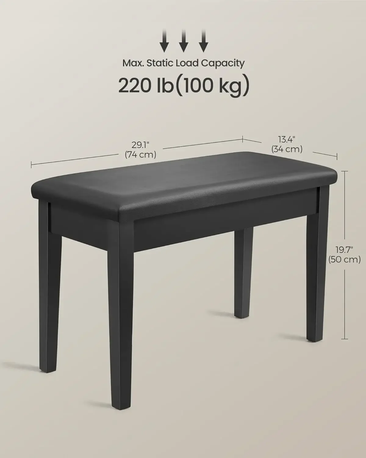 Banco de piano Duet com almofada acolchoada e compartimento de armazenamento, assento para cadeira de piano, 13,4 x 29,1 x 19,7 polegadas, tinta preta ULPB75BK