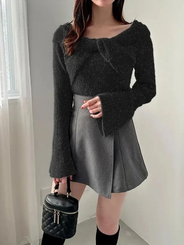 

Осень-зима, новый японский стиль, милый плюшевый расклешенный свитер с длинными рукавами, универсальный короткий тонкий вязаный пуловер с открытыми плечами