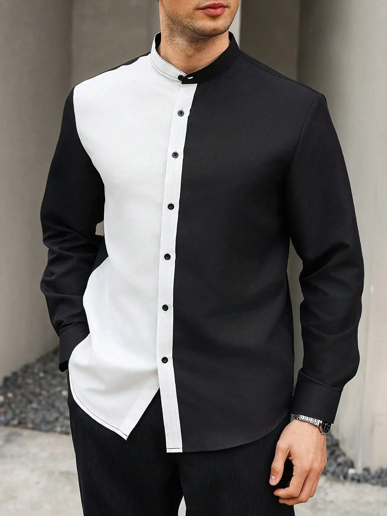 

Men's Colorblock Button-Front Long Sleeve Casual Shirt, Black and White
