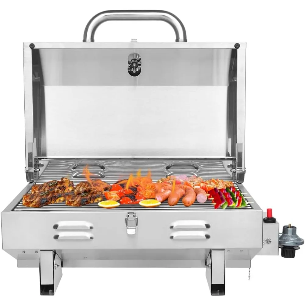 

Портативный уличный настольный пропановый гриль с разрешением 12000 БТЕ, встроенным термометром, прессовым зажиганием и цельной конструкцией из нержавеющей стали