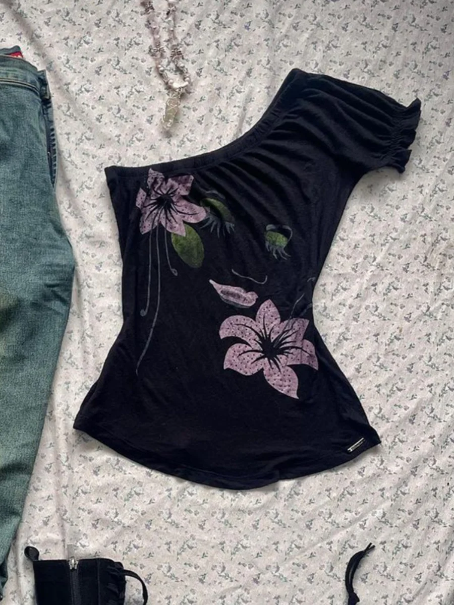 BaoYao Girl Original Bla High-End oulder Bared camiseta de mujer estampado Retro americano Faionable algodón ort Sve Top