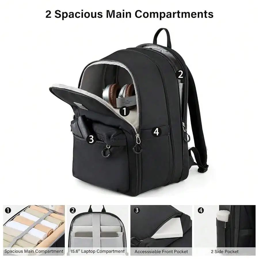 

30L Expandable Travel Backpack For Adults, Water Resistant Carry On Bag With 15.6 Inch Laptop Compartment
