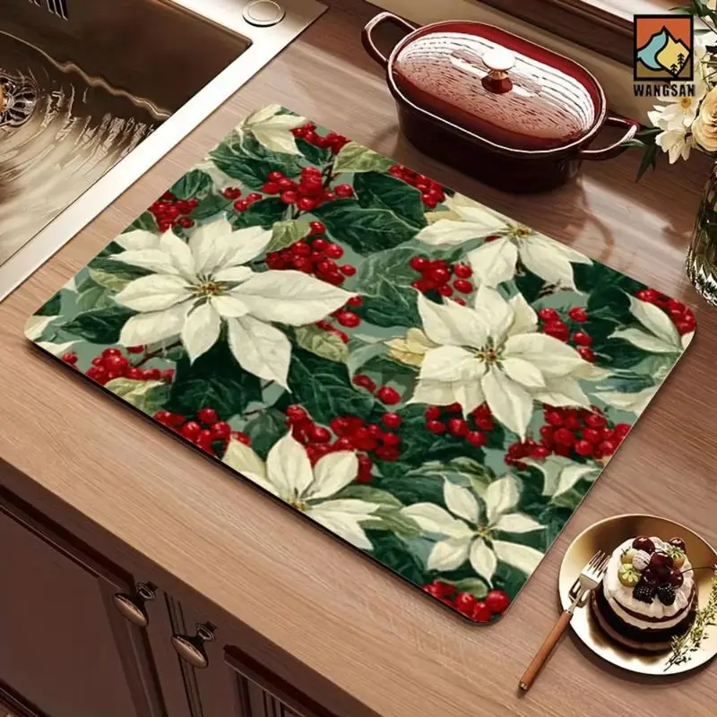 VIKAMA Santa Claus Dish Drying Mat Red Candy Cane Print Absorbent Non Slip Counter Pad For Dining Room Christmas Holiday Decor