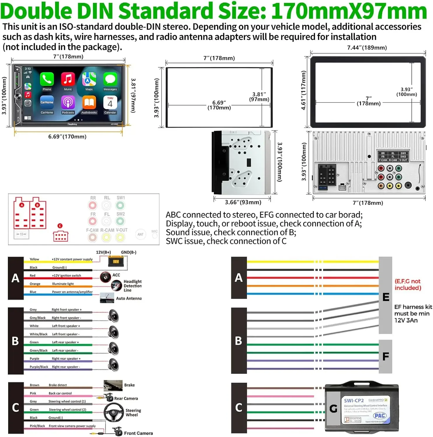 [QLED Screen Upgrade] 7" Double Din Car Stereo with Dash Cam, Wireless CarPlay and Android Auto,