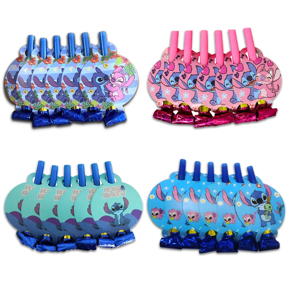 6pcs/Set Blue Couple Stitch Birthday Party Decoration Blowout Party Supply Pink Angel Blowing Dragon Straw Fun Toys