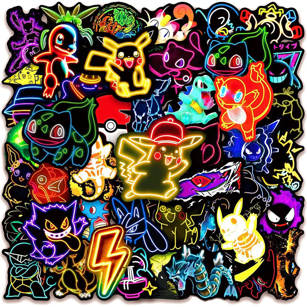 60pcs Cool Cartoon Neon Light Anime Stickers Pikachu Cartoon Decals Laptop Motorcycle Phone Aesthetic Sticker Toys