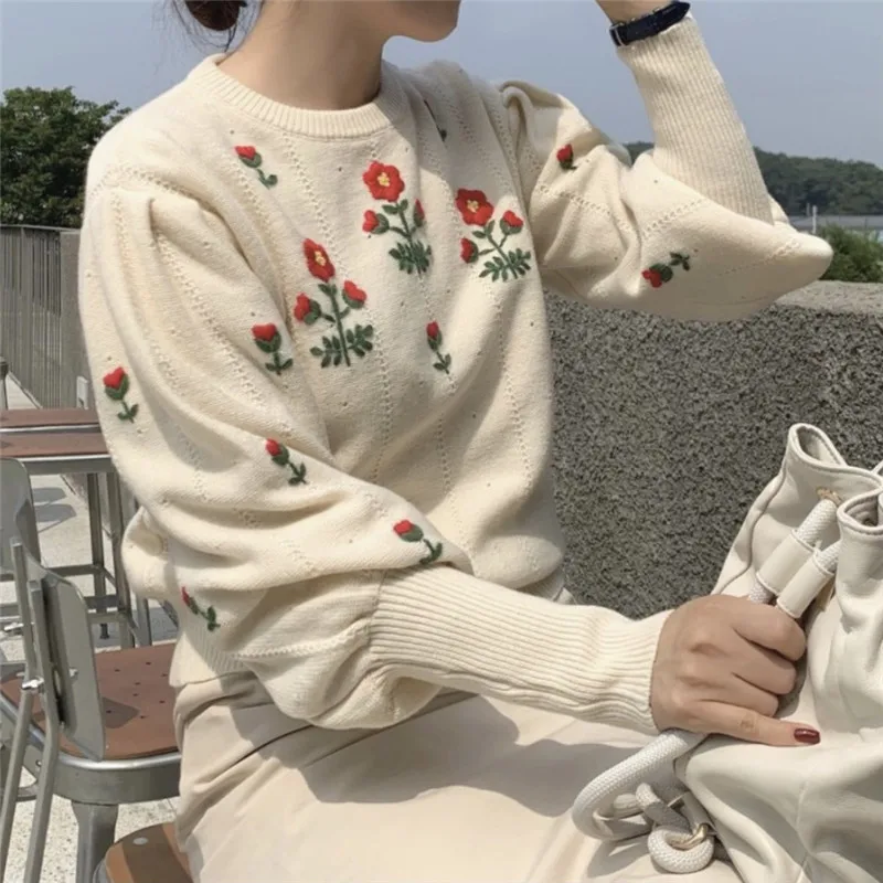 Vintage O Neck Embroidered Flowers Sweet Pullover Sweaters Simple Puff Sleeve Loose Casual Knit Tops Korean Style Sueter Mujer