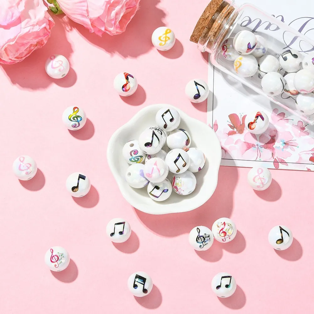 KitBeads 40pcs Music Note Print Round Acrylic Beads Iridescent Musical Symbol Loose Beads for Jewelry Making Bracelet Necklace