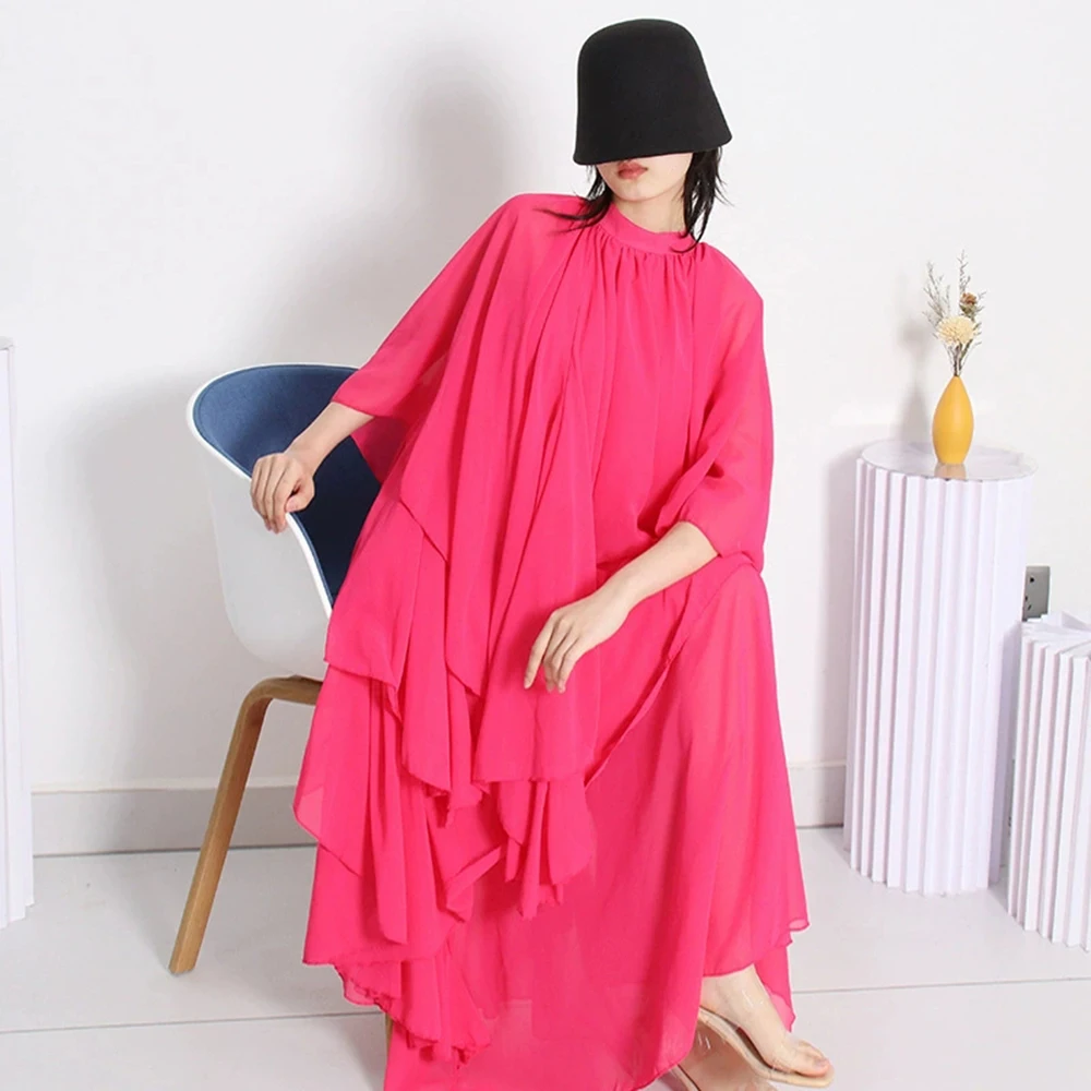 

2025 Summer New Fashion Stand Collar Cape Sleeve Elegant Layered Dress Women-GZXX201