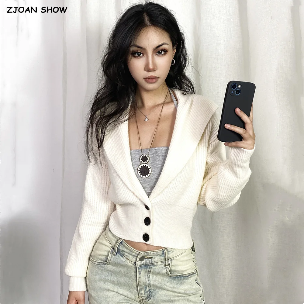 

2025 Autumn Lapel Knitted Cardigan Woman Bat Full Sleeve Single-breast Buttons High Waist Open Button Sweater Jumper Knitwear