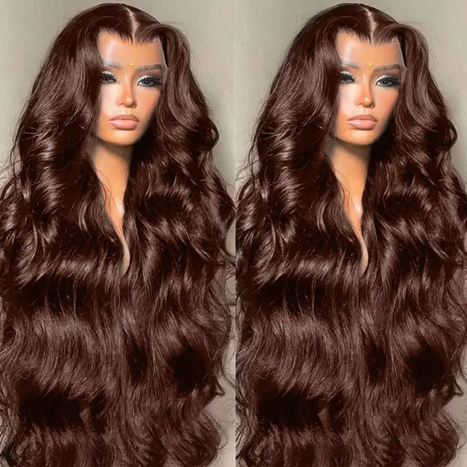 

13x6 Chocolate Brown Body Wave Lace Front Wig Transparent Lace Frontal Wig Human Hair Preplucked Colored Human Hair Wigs 180%