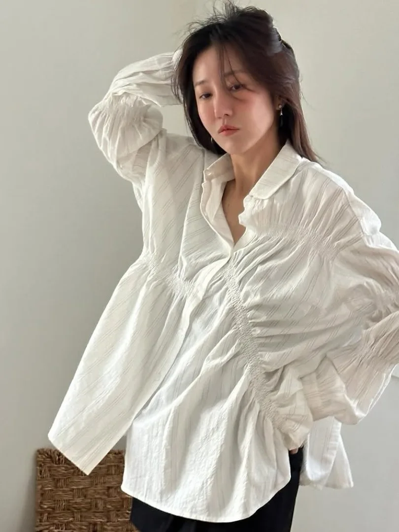 

Asymmetrical Pleated Long Sve Casual irt Pure Color Design Dongda Gate Spring Loose Fit Women's Faion Top