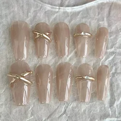 10 pcs Metal Handmade Press on Nails Middle Ballet Pink Bow Design False Nails Adhesive Nail wearable Artificial Nails