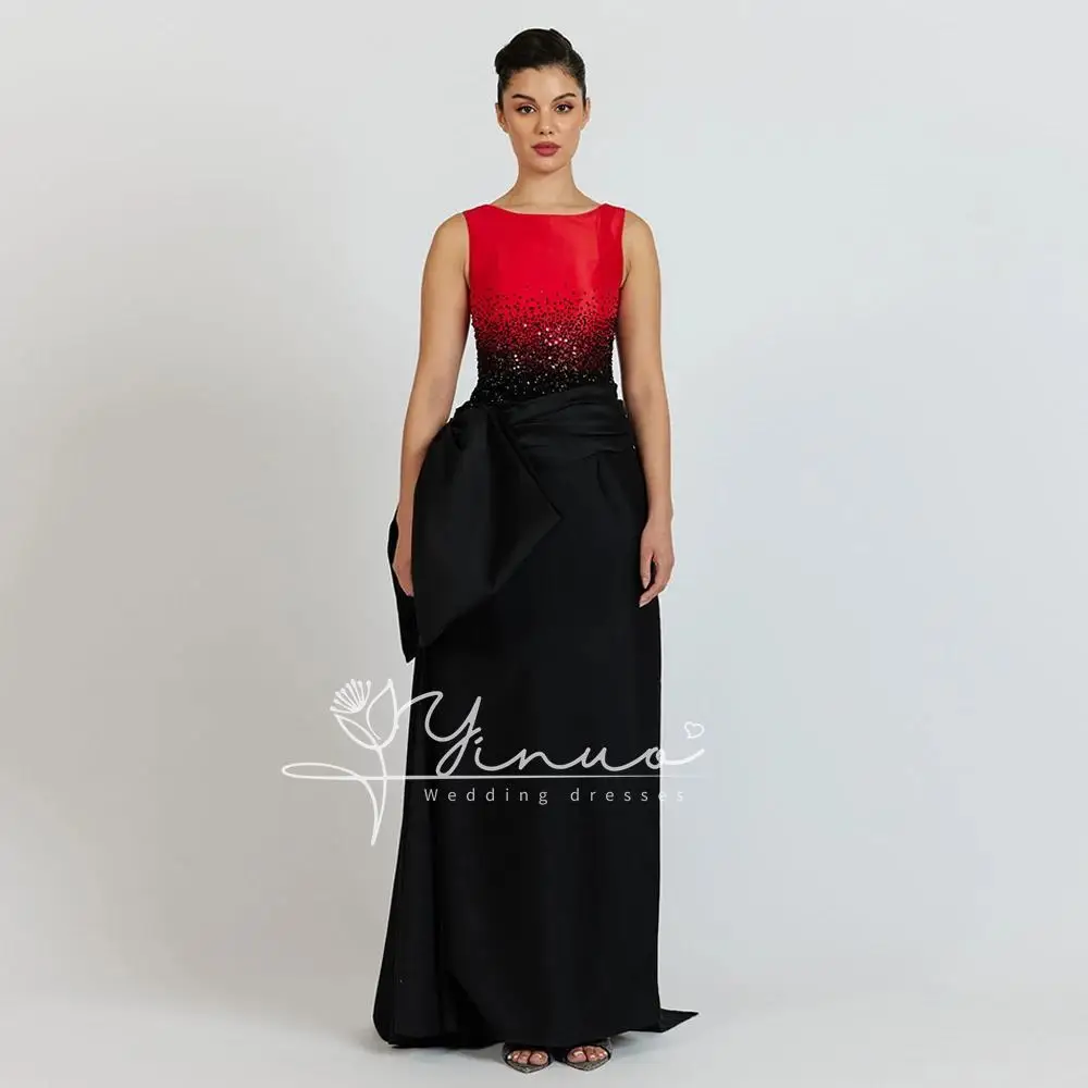 2025 Beads Prom Dress Round Neck Sleeveless Red Black Formal Party Gown Floor Length Sequined Saudi Arab Evening Dresses