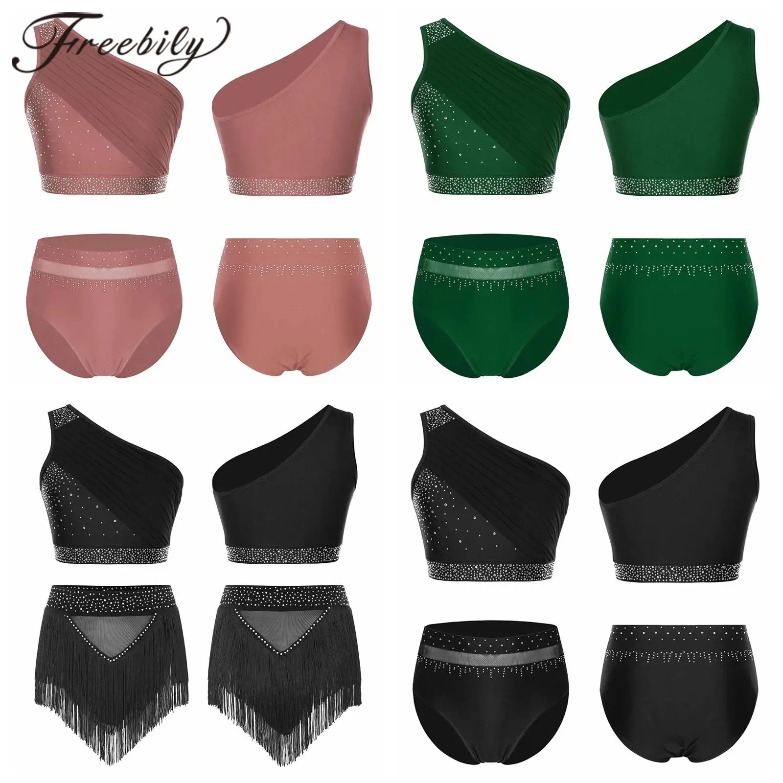 Gymnastics Suits Women's Latin Lyrical Dance Costume Dancewear One Shoulder Mesh Crop Top with Briefs Figure Skating Outfits