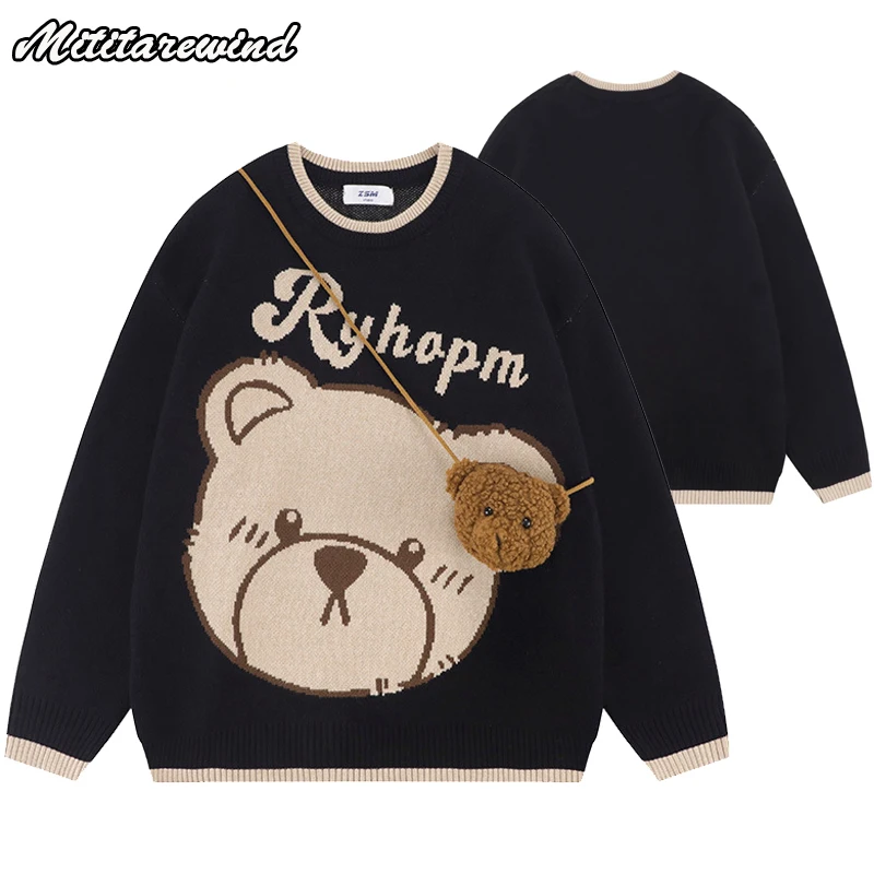 Autumn Winter Cartoon Bear Knitted Sweaters For Men and Women Casual Loose Round Neck Full Sleeve Bear Knit Sweater Pullovers