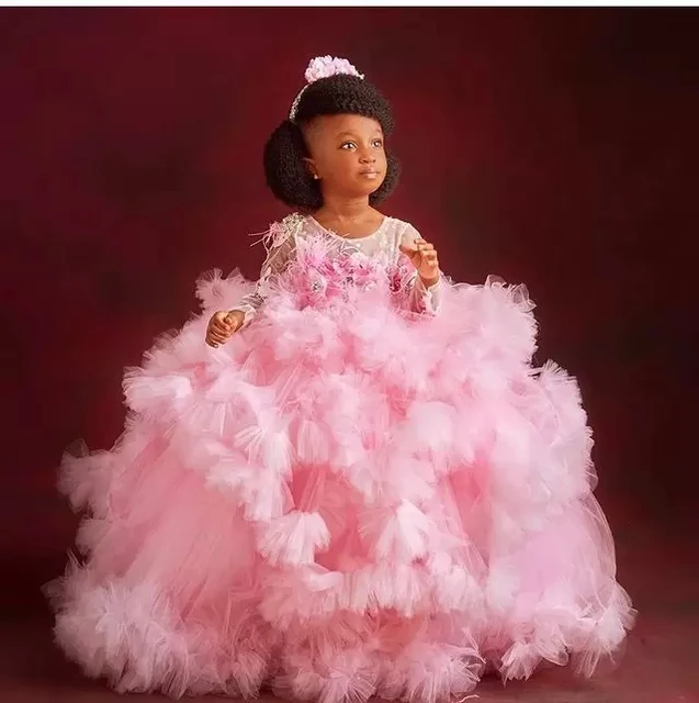 Pink Feather Flower Girl Dresses For Wedding Long Sleeve Beading Toddler Girls Pageant Dress Kids Formal Wear Prom AliExpress