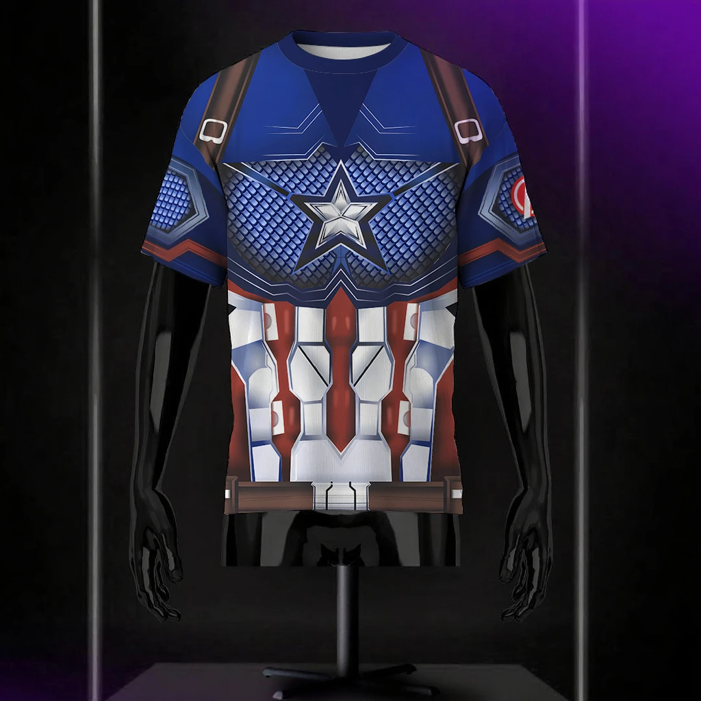 Marvel Superhero Captain America Five Pointed Star Print Blue Red And White Tri Color Halloween Cosplay Round Neck T-Shirt
