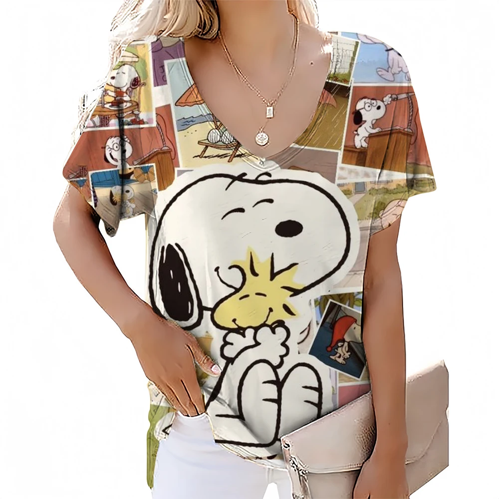 Women\'s T-shirt Snoopy print T-shirt Summer V-neck short sleeved T-shirt Large Women\'s Harajuku Street Summer Popular T-Shirt ﻿