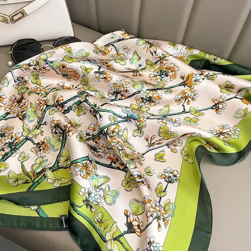 Floral Butterfly Print Silk Square Scarf Women 70*70cm Soft Satin Hairband Neckerchief Headband Lady Foulard Bag Ribbon Kerchief