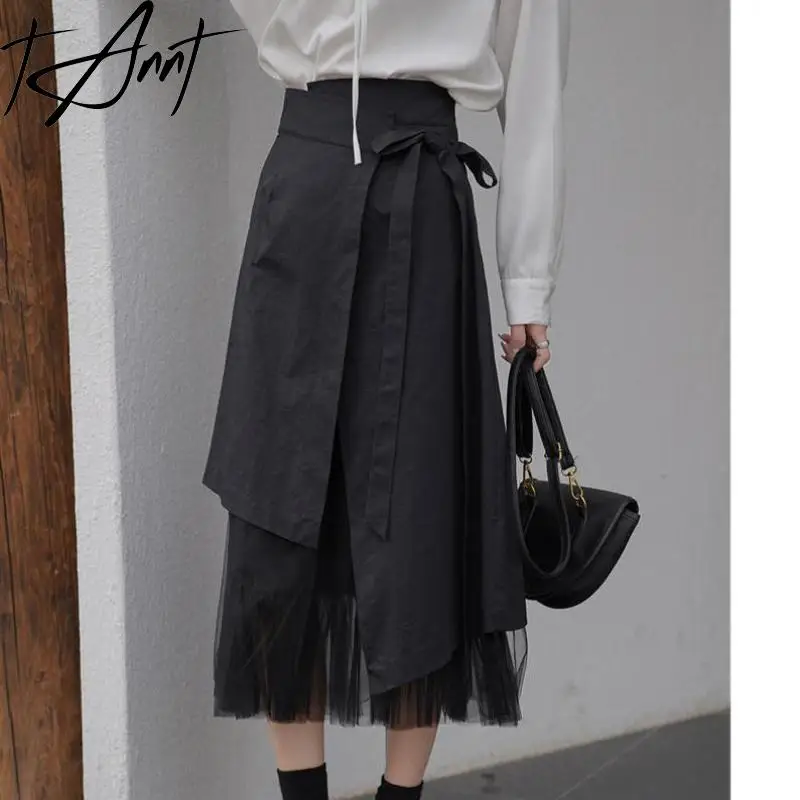 Tannt Women Skirt Irregular Mesh Patchwork Bandages Black Long Skirts Asymmetry Fake Two Fashion Skirt For Women 2023 New