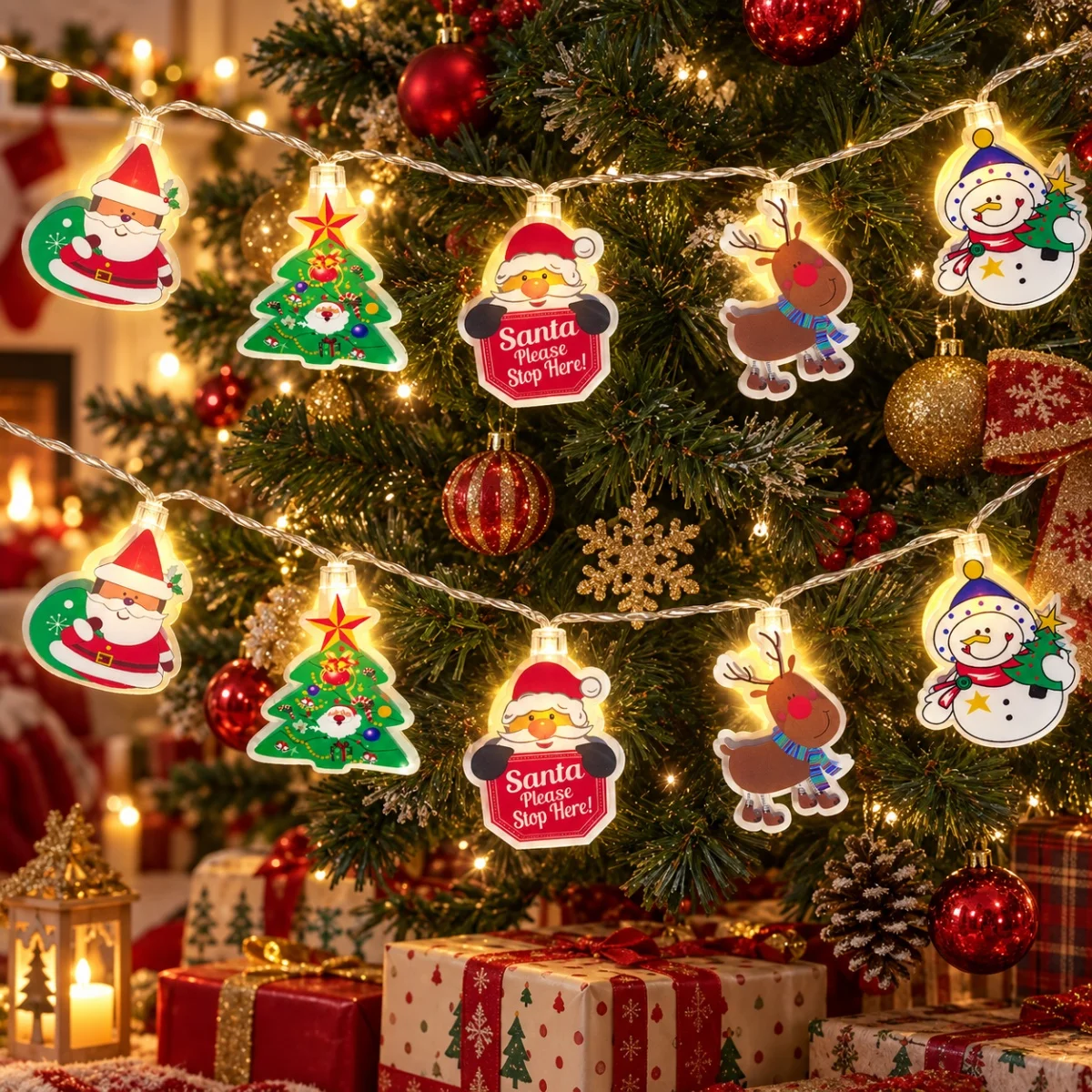 1pc 10/20LED PVC Christmas String Light With Santa Claus Xmas Tree Snowman Reindeer Battery Powered For Home Park Festival Decor