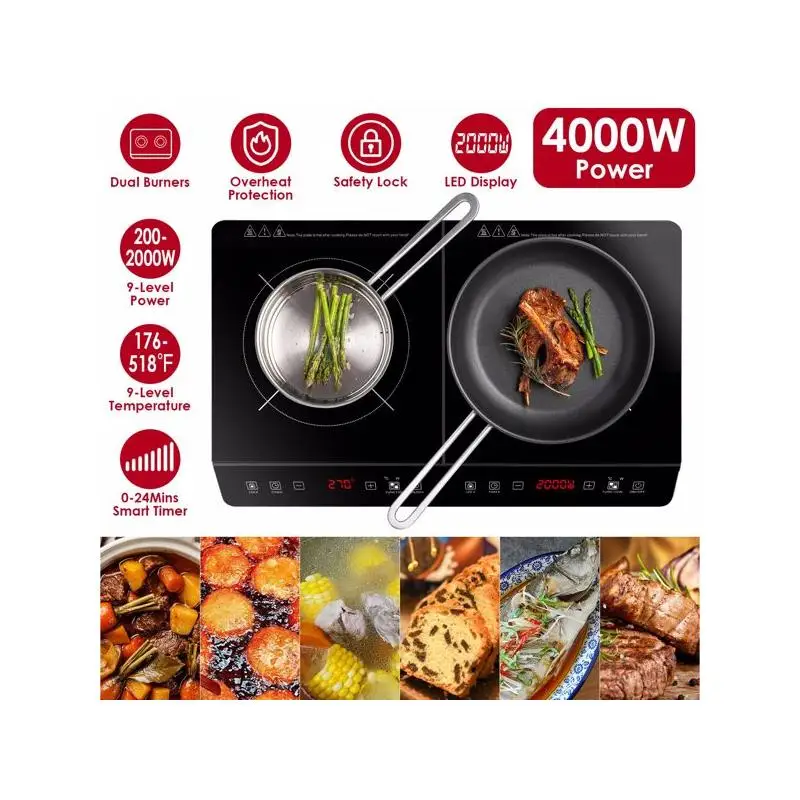 

Portable Double Induction Cooktop, Dual Countertop Burner with Touch Control, 4000W Electric Cooker, 9 Temperature & Power