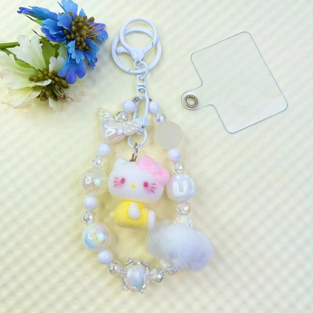 창의적인 플로킹 헬로키티 휴대폰 체인, 헤어볼 비즈 휴대폰 끈, 열쇠고리, 가방 펜던트, 소녀 선물