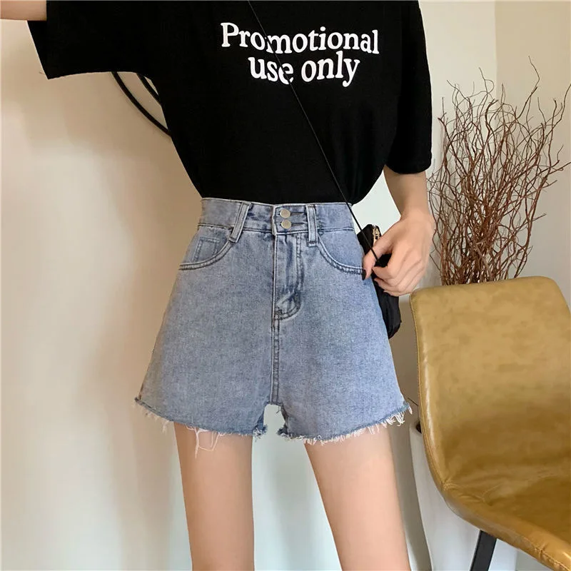 

New Style Fashionable High Waist Buttoned Loose Slimming Casual Denim Shorts Women's Spring Summer Double Buckle Short Pants